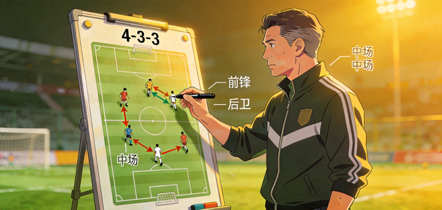 教练在战术板上布置比赛阵型与球员跑位路线