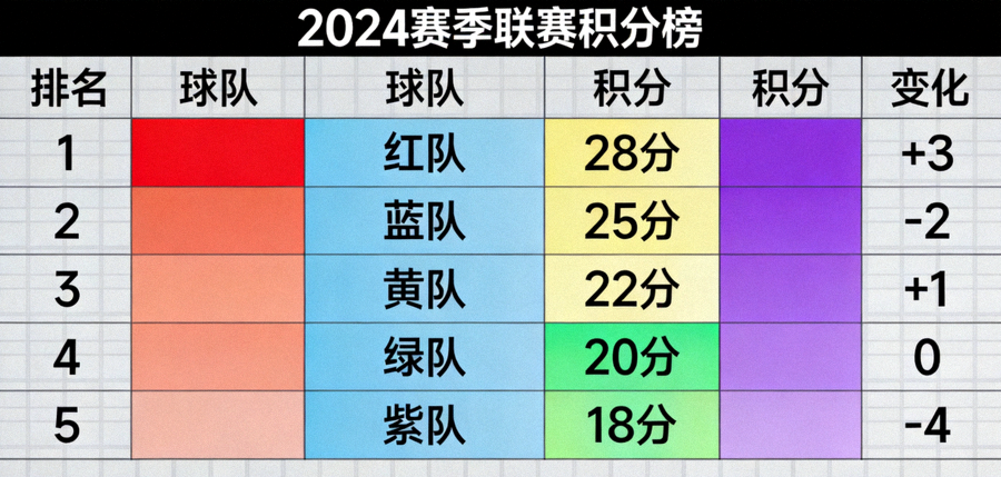 联赛积分榜排名数据与球队积分变化展示画面
