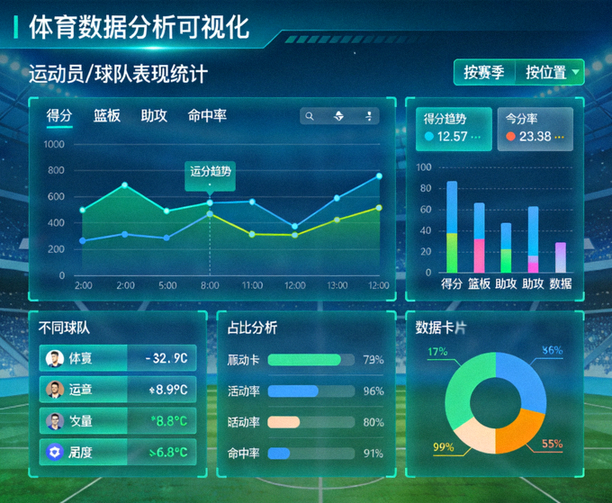 体育数据分析可视化图表与统计面板界面展示